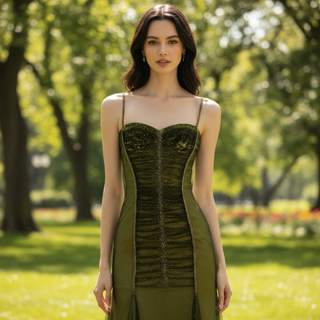 Dark Green Under Knee Length Cocktail Dress with Spaghetti Straps Rosymae Dark Green Under Knee Length Cocktail Dress with Spaghetti Straps Rosymae