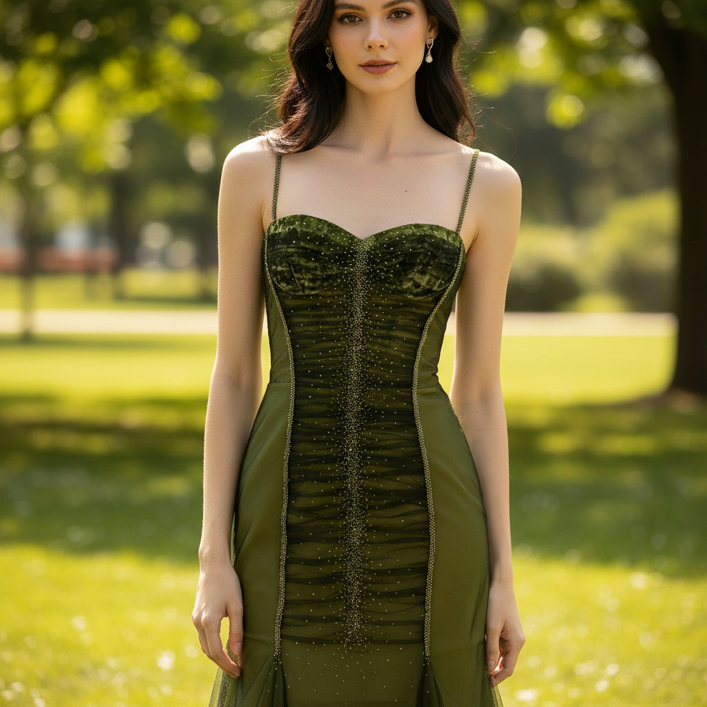 Dark Green Under Knee Length Cocktail Dress with Spaghetti Straps Rosymae Dark Green Under Knee Length Cocktail Dress with Spaghetti Straps Rosymae