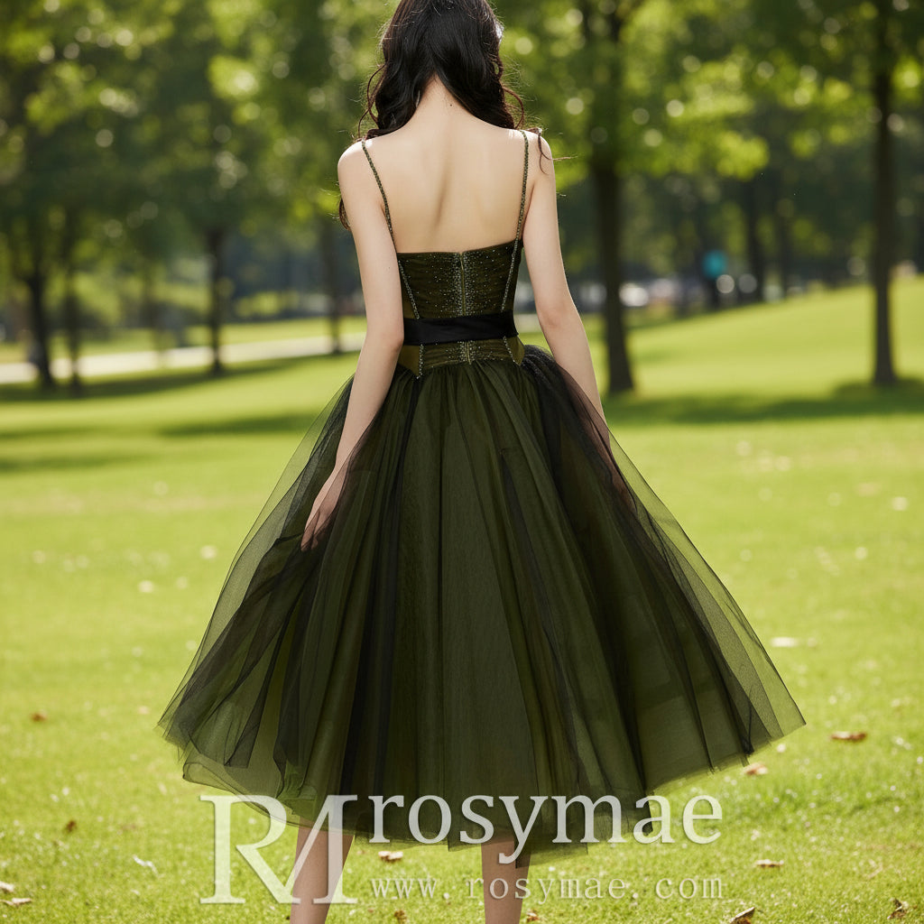 Dark Green Under Knee Length Cocktail Dress with Spaghetti Straps Rosymae Dark Green Under Knee Length Cocktail Dress with Spaghetti Straps Rosymae