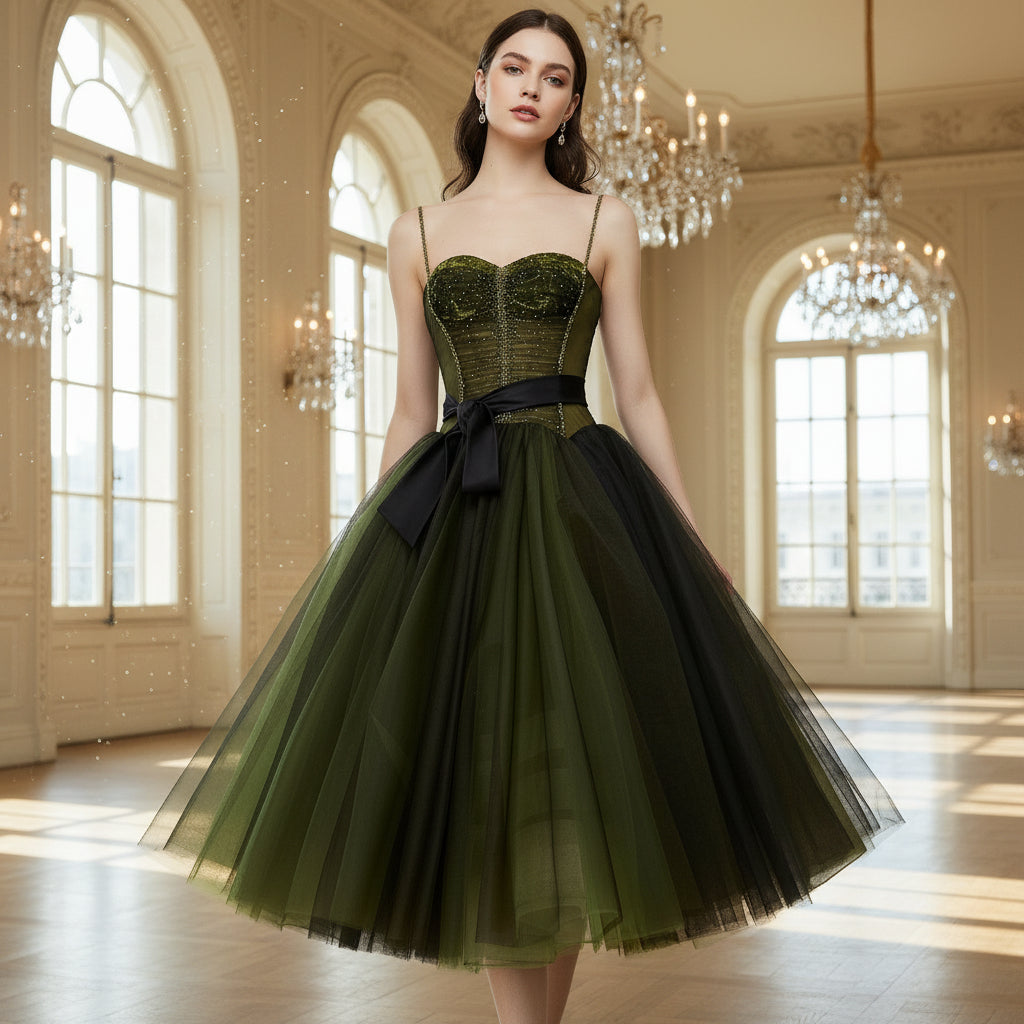 Dark Green Under Knee Length Cocktail Dress with Spaghetti Straps Rosymae Dark Green Under Knee Length Cocktail Dress with Spaghetti Straps Rosymae