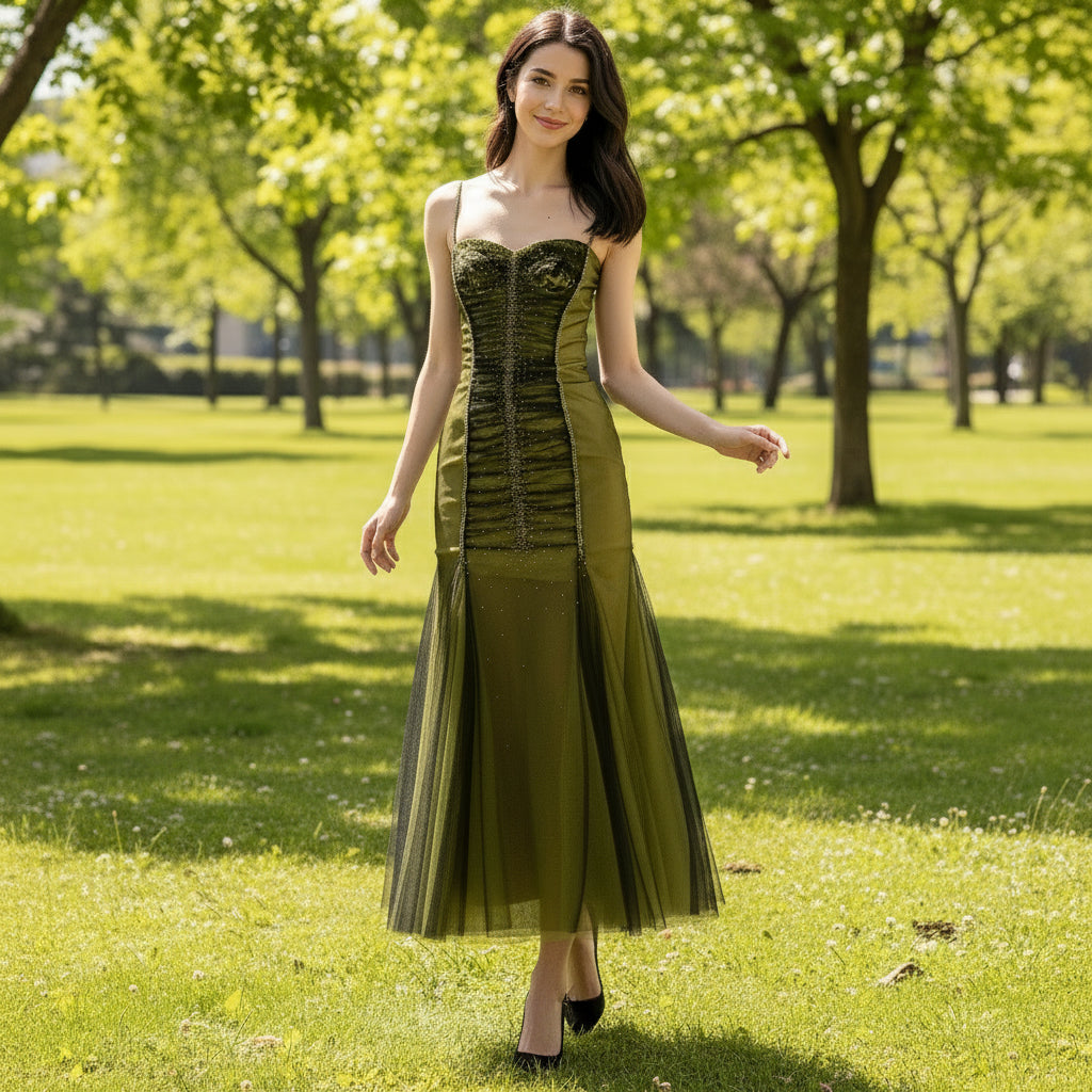 Dark Green Under Knee Length Cocktail Dress with Spaghetti Straps Rosymae Dark Green Under Knee Length Cocktail Dress with Spaghetti Straps Rosymae