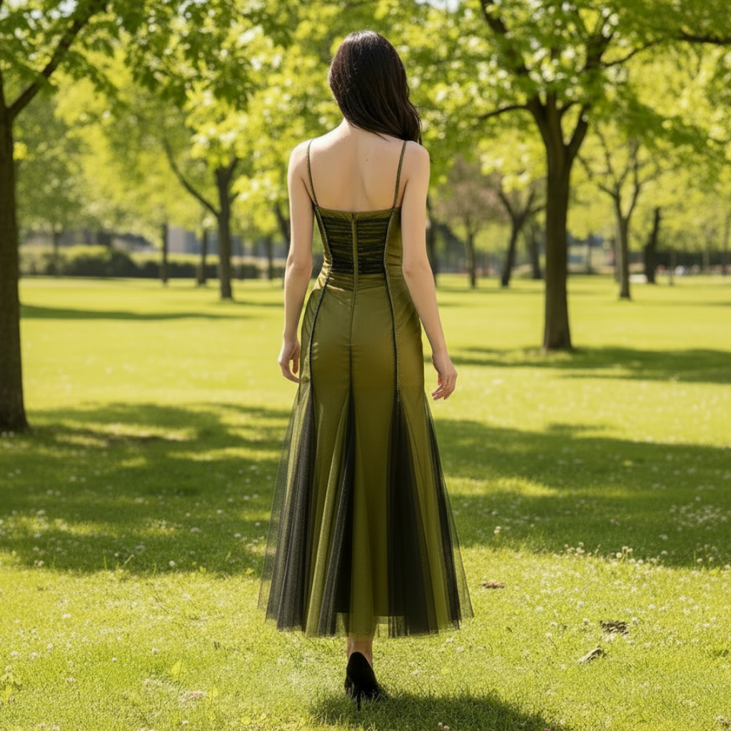 Dark Green Under Knee Length Cocktail Dress with Spaghetti Straps Rosymae Dark Green Under Knee Length Cocktail Dress with Spaghetti Straps Rosymae