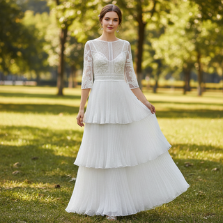 Three Quarter Sleeve Sheer Sheath Wedding Dress with Multi Layers