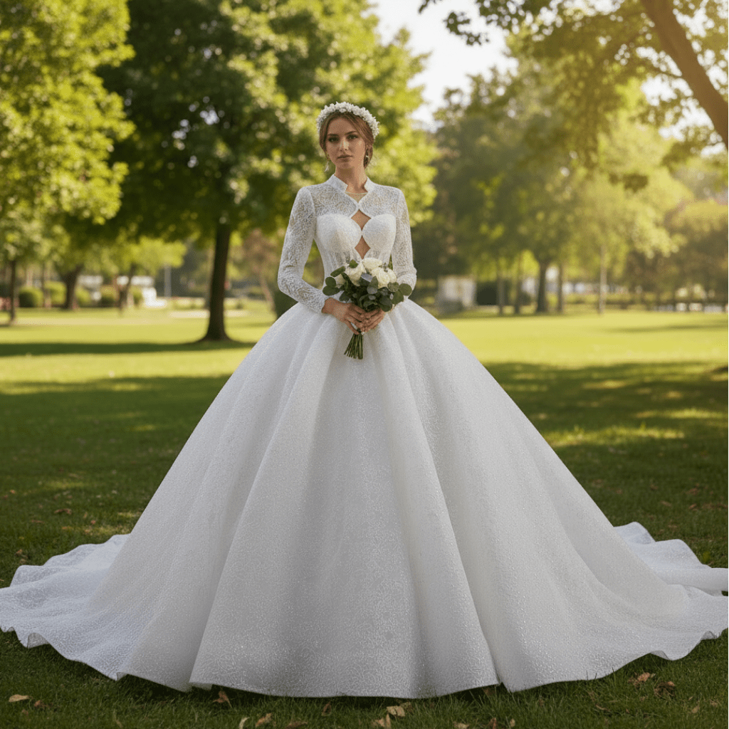 Unique Ball Gown Queen Ann Sparkly Wedding Dress with Multi Keyhole - Rosymae