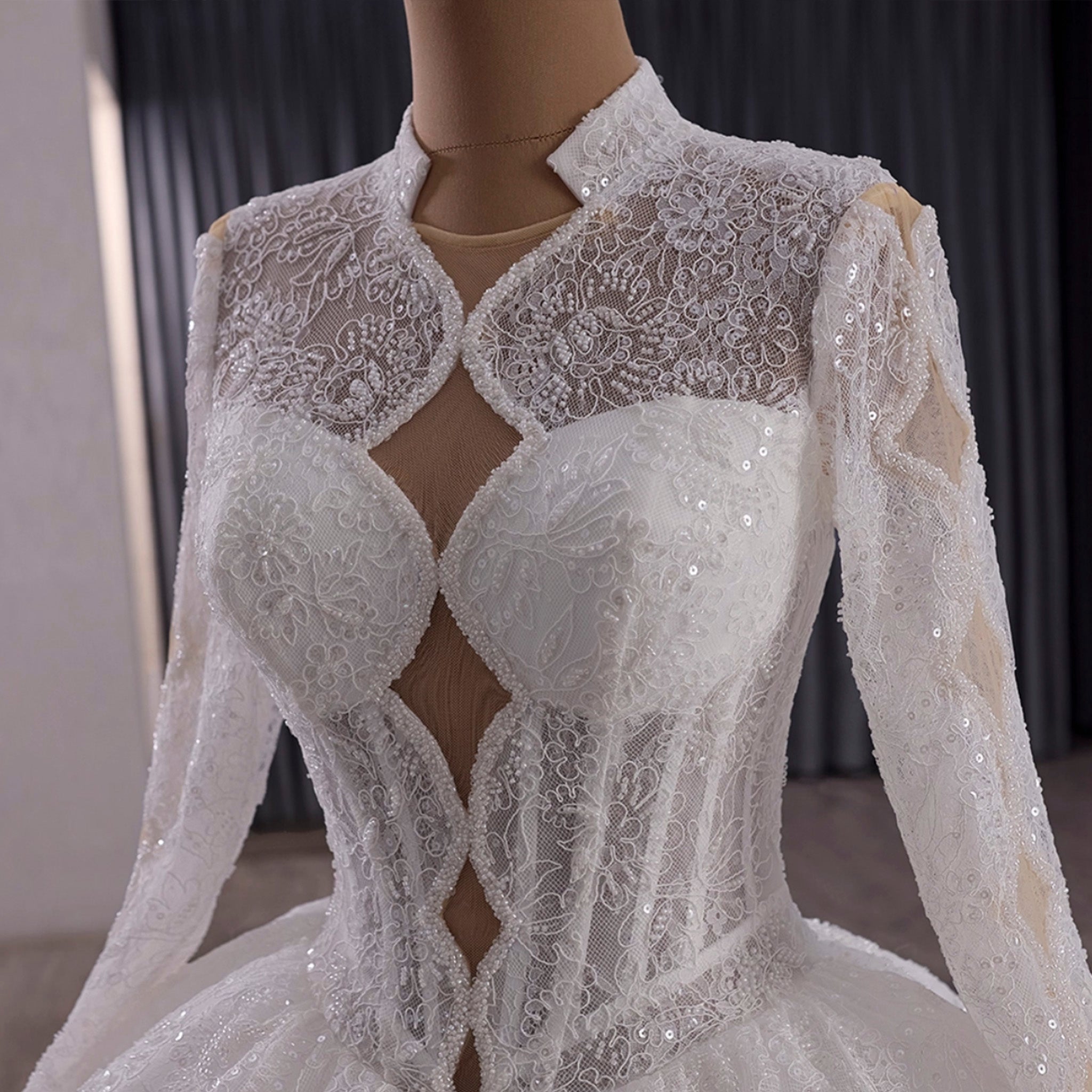 Unique Ball Gown Queen Ann Sparkly Wedding Dress with Multi Keyhole - Rosymae