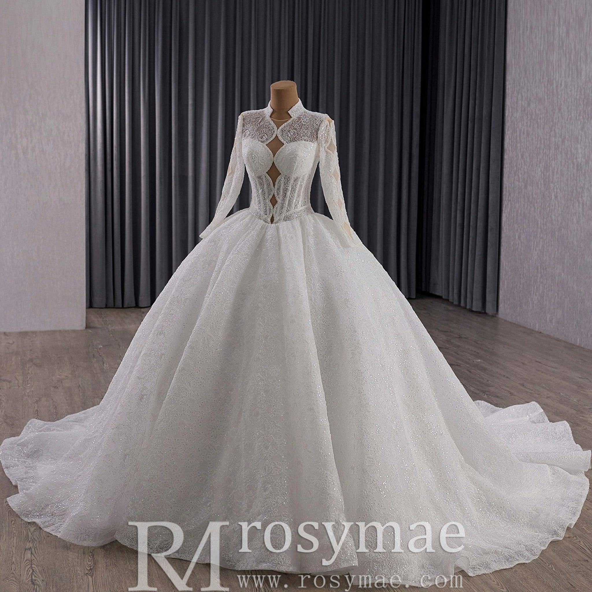 Unique Ball Gown Queen Ann Sparkly Wedding Dress with Multi Keyhole - Rosymae