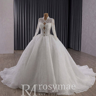 Unique Ball Gown Queen Ann Sparkly Wedding Dress with Multi Keyhole - Rosymae