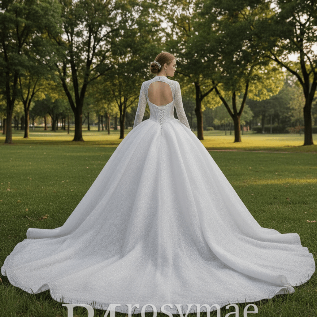 Unique Ball Gown Queen Ann Sparkly Wedding Dress with Multi Keyhole - Rosymae