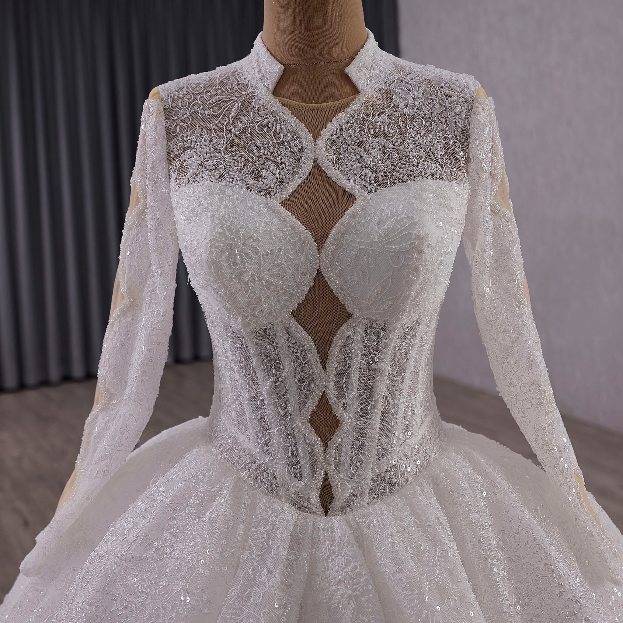 Unique Ball Gown Queen Ann Sparkly Wedding Dress with Multi Keyhole - Rosymae
