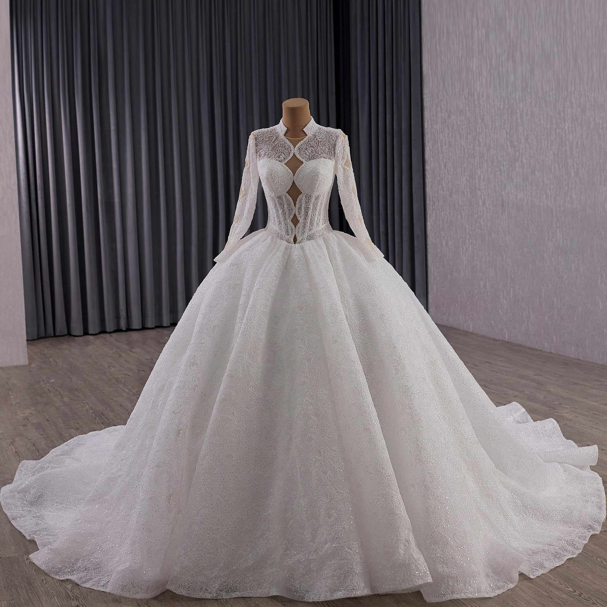 Unique Ball Gown Queen Ann Sparkly Wedding Dress with Multi Keyhole - Rosymae