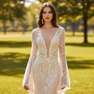 Unique Boho Lace Wedding Dress with Open Backless Back - Rosymae