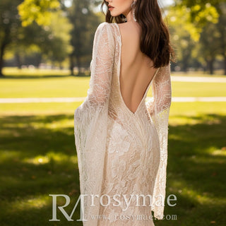 Unique Boho Lace Wedding Dress with Open Backless Back - Rosymae