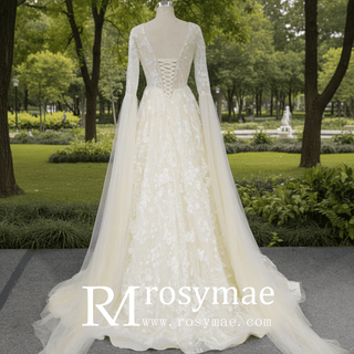 Unique Cape Sleeve A-line Lace Wedding Dress for Bride - Rosymae