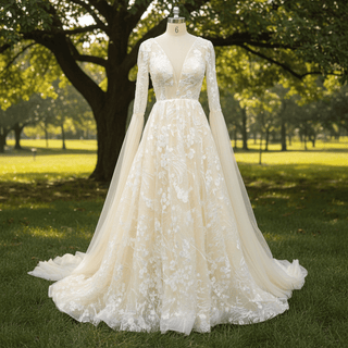 Unique Cape Sleeve A-line Lace Wedding Dress for Bride - Rosymae