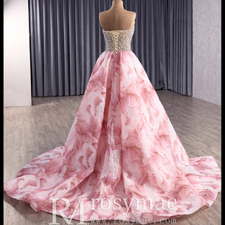 Unique Design Floral Print Scoop Neckline Pink Formal Dress with Detachable Skirt - Rosymae