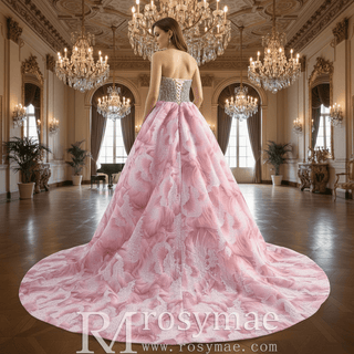 Unique Design Floral Print Scoop Neckline Pink Formal Dress with Detachable Skirt - Rosymae