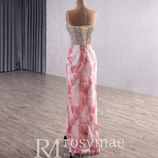 Unique Design Floral Print Scoop Neckline Pink Formal Dress with Detachable Skirt - Rosymae