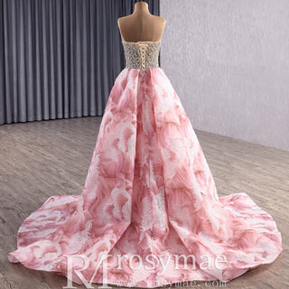 Unique Design Floral Print Scoop Neckline Pink Formal Dress with Detachable Skirt - Rosymae