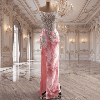 Unique Design Floral Print Scoop Neckline Pink Formal Dress with Detachable Skirt - Rosymae