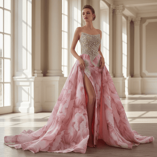 Unique Design Floral Print Scoop Neckline Pink Formal Dress with Detachable Skirt - Rosymae
