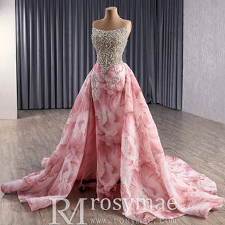Unique Design Floral Print Scoop Neckline Pink Formal Dress with Detachable Skirt - Rosymae