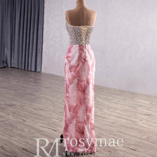 Unique Design Floral Print Scoop Neckline Pink Formal Dress with Detachable Skirt - Rosymae