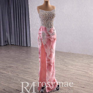 Unique Design Floral Print Scoop Neckline Pink Formal Dress with Detachable Skirt - Rosymae
