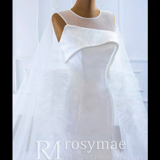 Unique Design Keyhole Satin Mermaid Wedding Dress with Cape - Rosymae
