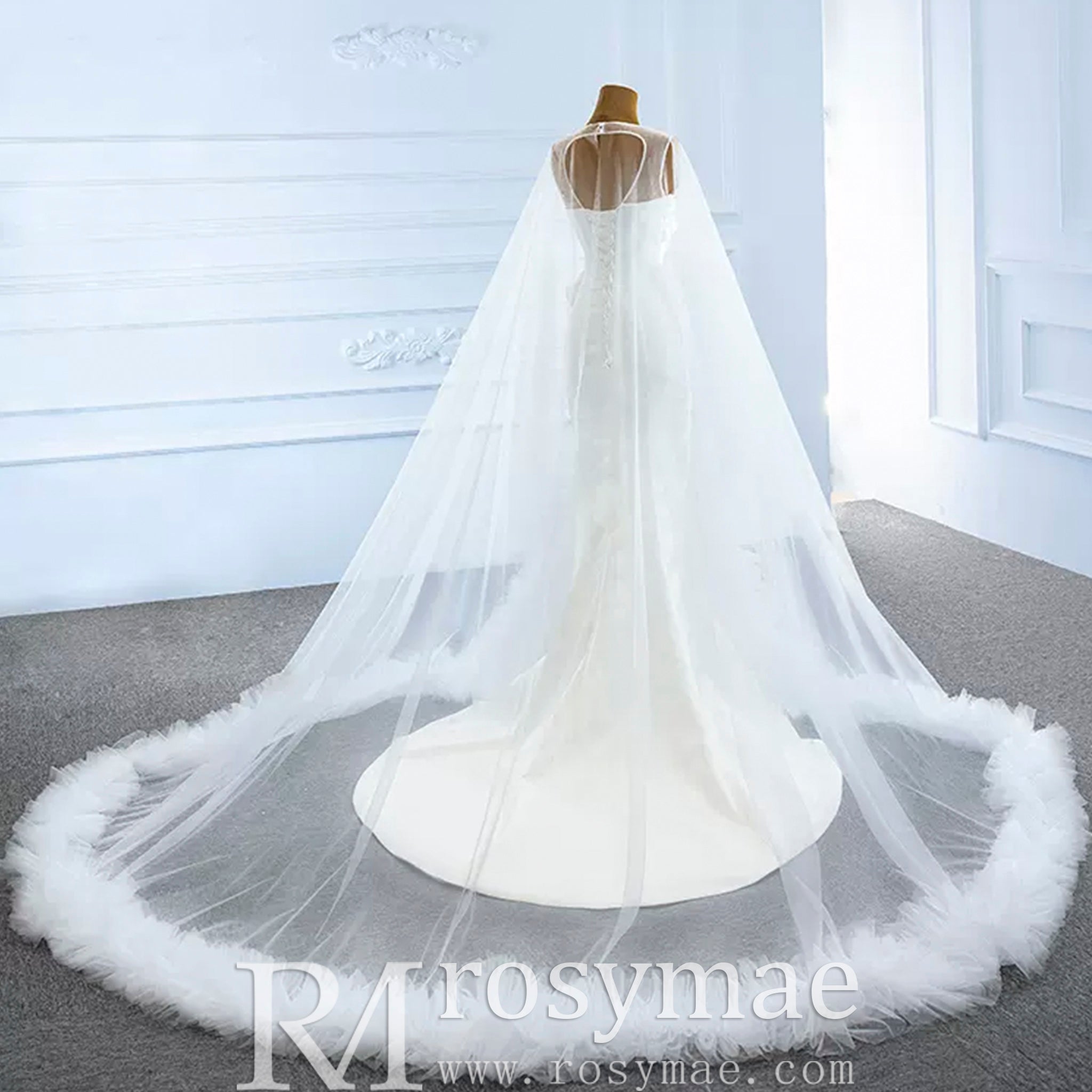 Unique Design Keyhole Satin Mermaid Wedding Dress with Cape - Rosymae