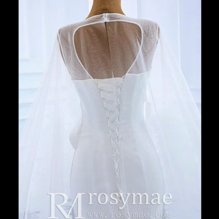 Unique Design Keyhole Satin Mermaid Wedding Dress with Cape - Rosymae