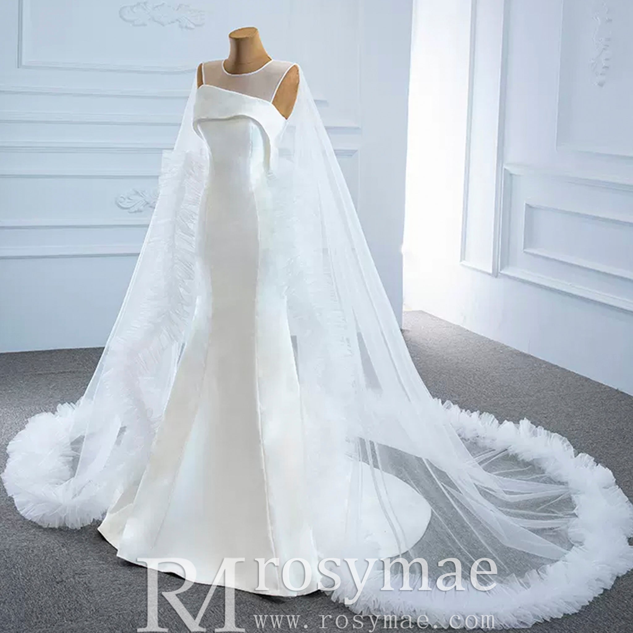 Unique Design Keyhole Satin Mermaid Wedding Dress with Cape - Rosymae