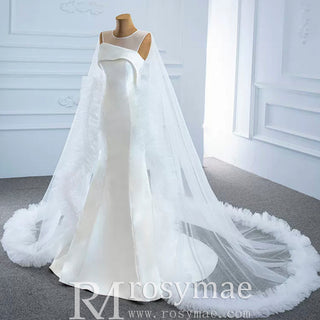Unique Design Keyhole Satin Mermaid Wedding Dress with Cape - Rosymae