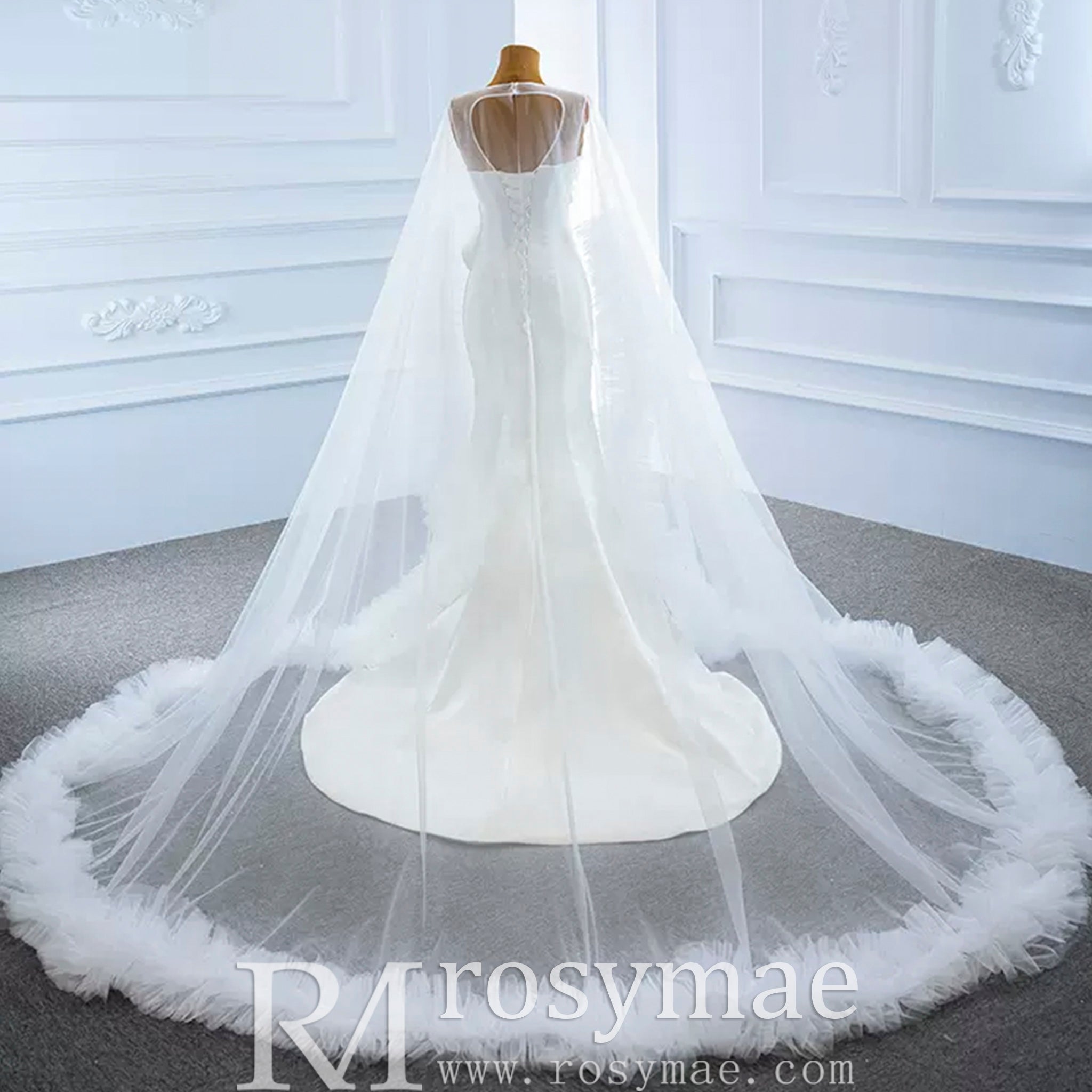 Unique Design Keyhole Satin Mermaid Wedding Dress with Cape - Rosymae