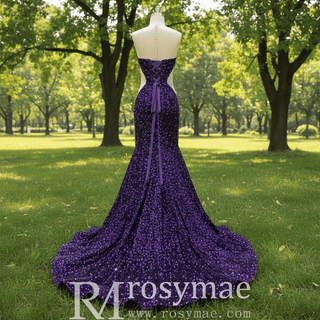 Unique Design Sheer Sweetheart Purple Evening Gowns With Sequins - Rosymae