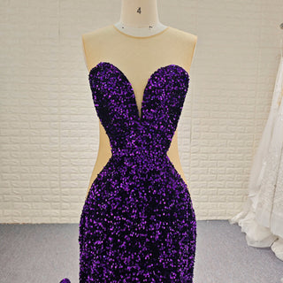 Unique Design Sheer Sweetheart Purple Evening Gowns With Sequins - Rosymae