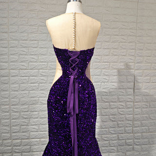 Unique Design Sheer Sweetheart Purple Evening Gowns With Sequins - Rosymae