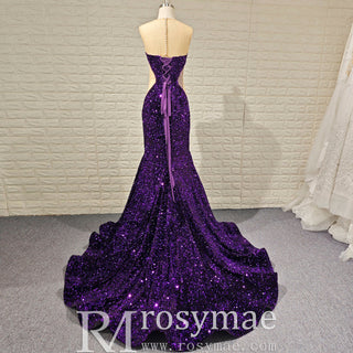 Unique Design Sheer Sweetheart Purple Evening Gowns With Sequins - Rosymae