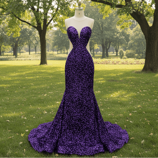 Unique Design Sheer Sweetheart Purple Evening Gowns With Sequins - Rosymae