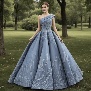 Unique Gray Ball Gown Formal Gown Prom Dress with One Shoulder - Rosymae