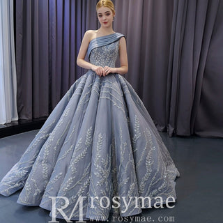 Unique Gray Ball Gown Formal Gown Prom Dress with One Shoulder - Rosymae