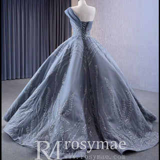 Unique Gray Ball Gown Formal Gown Prom Dress with One Shoulder - Rosymae