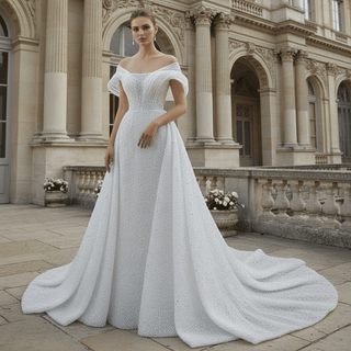Unique Off-the-Shoulder A-Line Wedding Dress with Detachable Overskirt - Rosymae