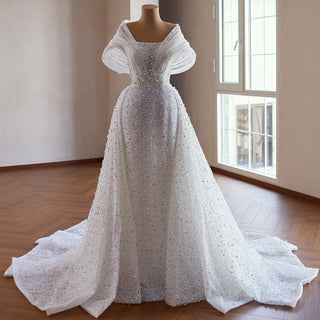 Unique Off-the-Shoulder A-Line Wedding Dress with Detachable Overskirt - Rosymae