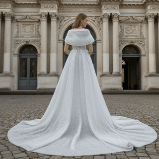 Unique Off-the-Shoulder A-Line Wedding Dress with Detachable Overskirt - Rosymae