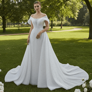 Unique Off-the-Shoulder A-Line Wedding Dress with Detachable Overskirt - Rosymae