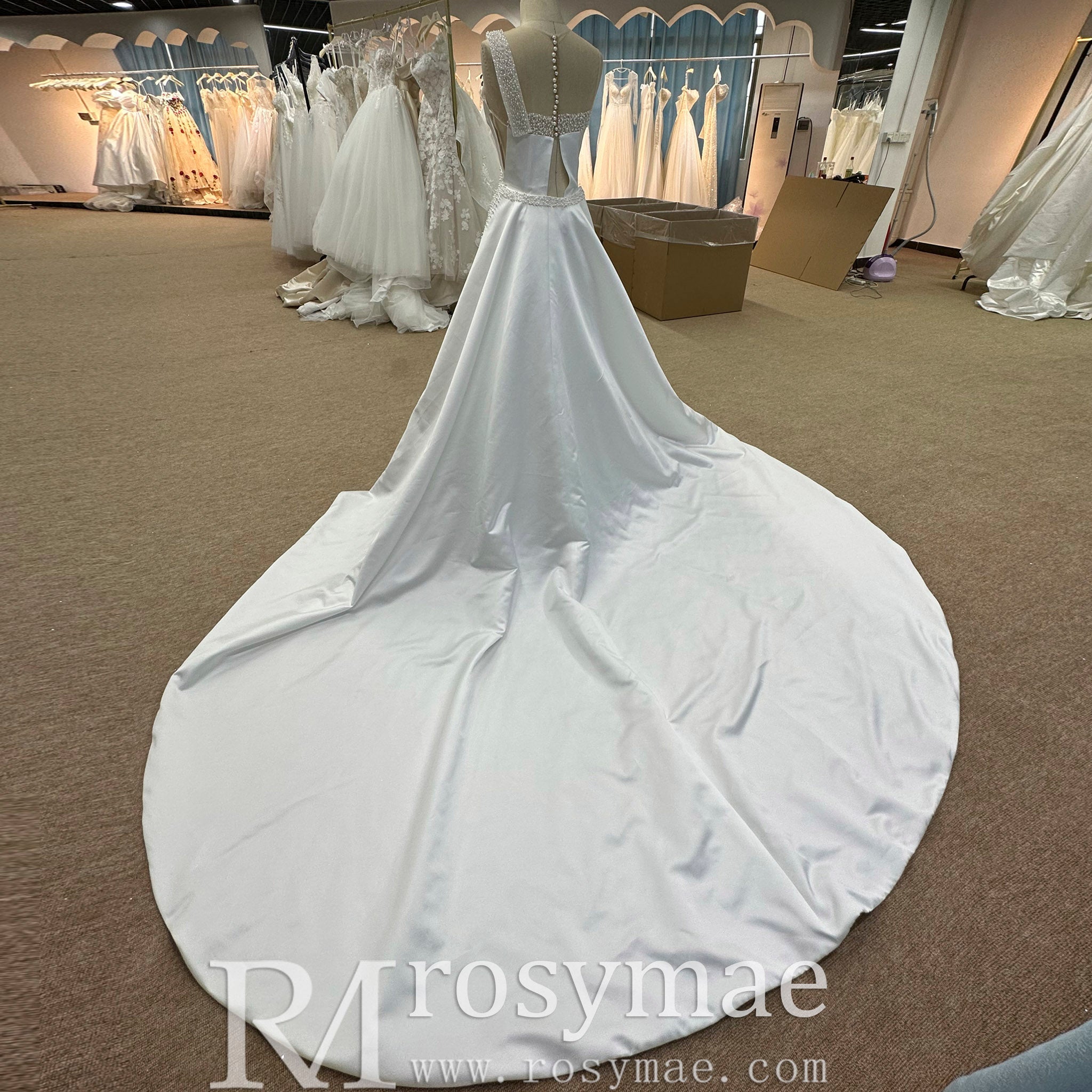 Unique One Shoulder Satin Wedding Dress with Detachable Train - Rosymae