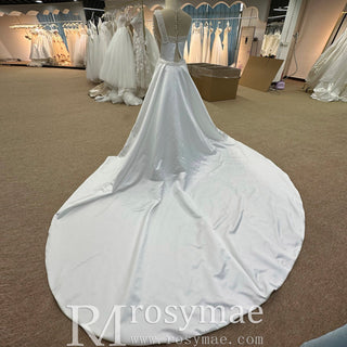 Unique One Shoulder Satin Wedding Dress with Detachable Train - Rosymae