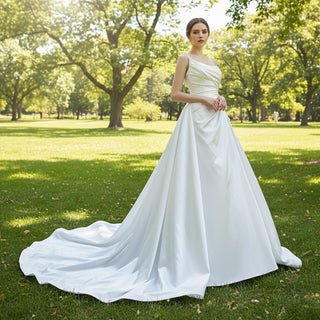Unique Ruffled A-line Satin Wedding Dress with High Sheer Back - Rosymae