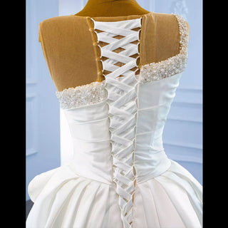 Unique Ruffled A-line Satin Wedding Dress with High Sheer Back - Rosymae