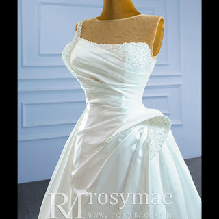 Unique Ruffled A-line Satin Wedding Dress with High Sheer Back - Rosymae